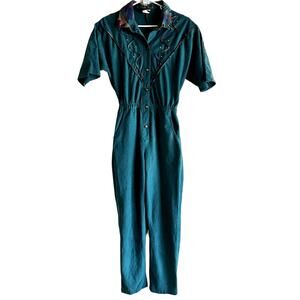 VTG Dee California Totally 80s Jumpsuit Short Sleeve Gold Button Front Teal L